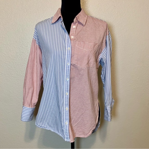 Anthropologie Maeve Bennett Button Down Top Mixed Stripes Oversized XXS Red Blue - Picture 2 of 15